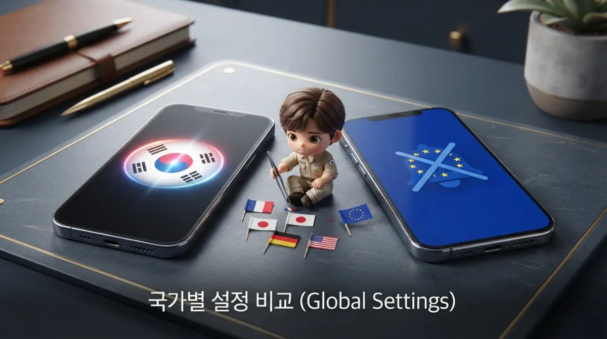 한국 일본 미국 EU의 스마트폰 카메라 촬영음 설정을 비교한 이미지