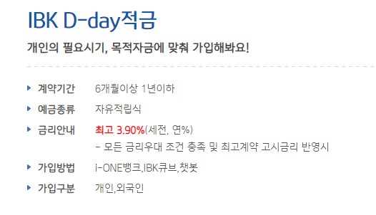 [목돈모으기] 기업은행 IBK D-day 적금, 금리비교, 가입대상, 계약기간
