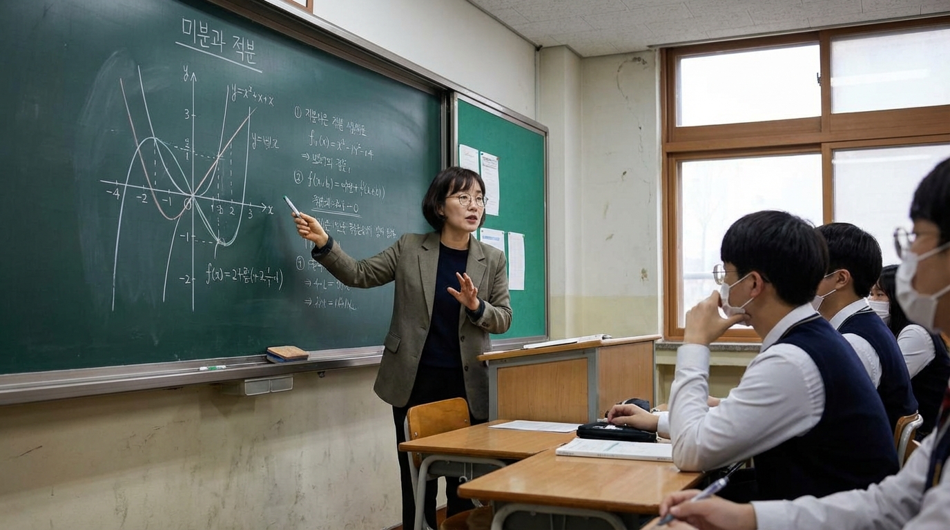칠판에 고난도 수학 그래프를 그리며 킬러 문항 풀이법을 설명하는 선생님과 집중하는 학생들