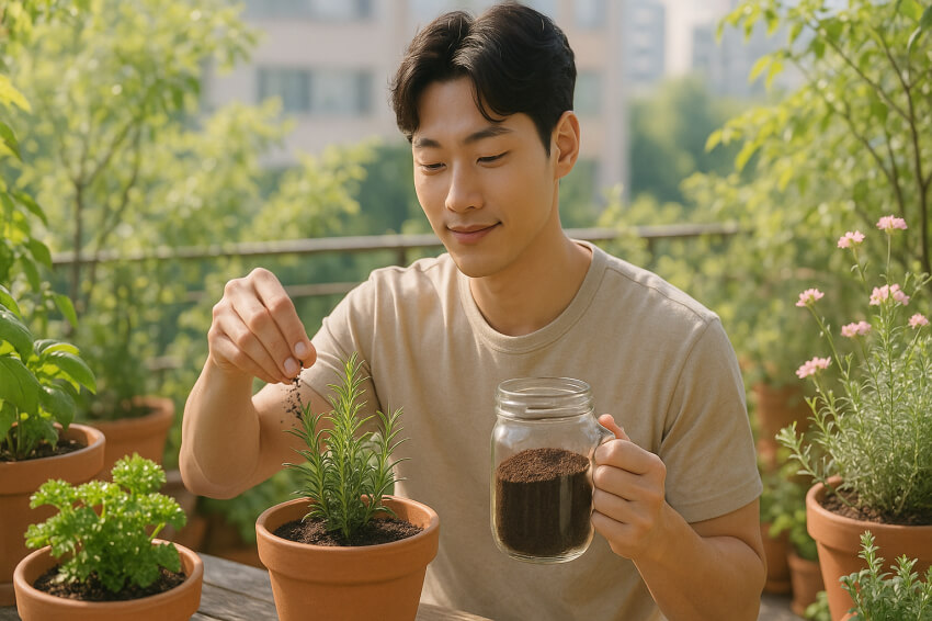 커피찌꺼기를 화분의 거름으로 활용하고 있는 남성