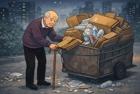 노후 준비 실패로 인해 폐지를 줍는 노인