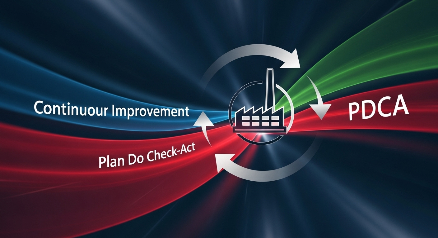 지속적인 품질 개선을 상징하는 PDCA(Plan-Do-Check-Act) 사이클의 역동적인 일러스트. 중앙에 제품 또는 공장 이미지가 있고 주변을 계획, 실행, 확인, 조치 화살표가 순환하는 모습.