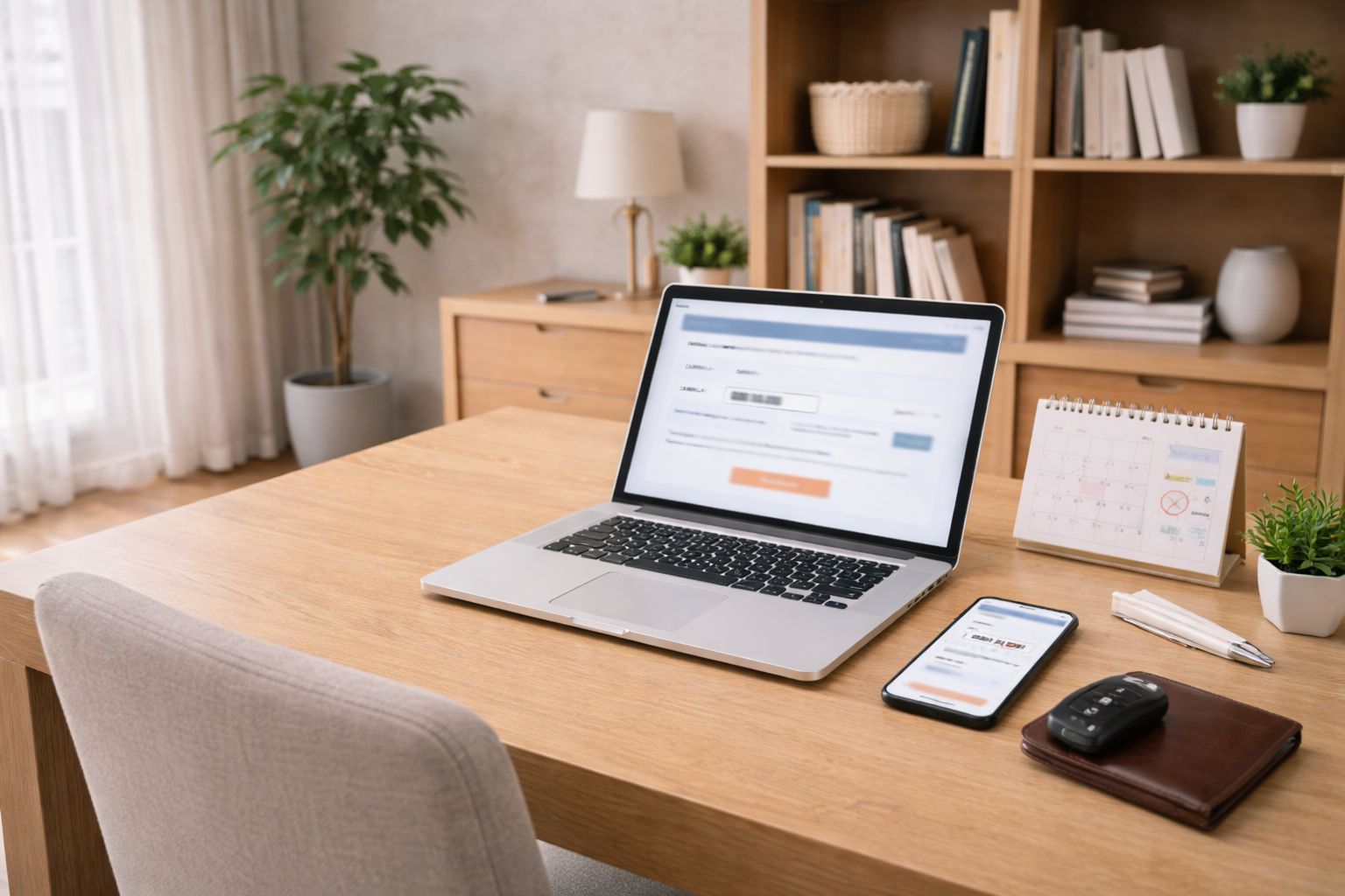 노트북과 차키가 놓인 자동차 검사 예약용 홈오피스 장면