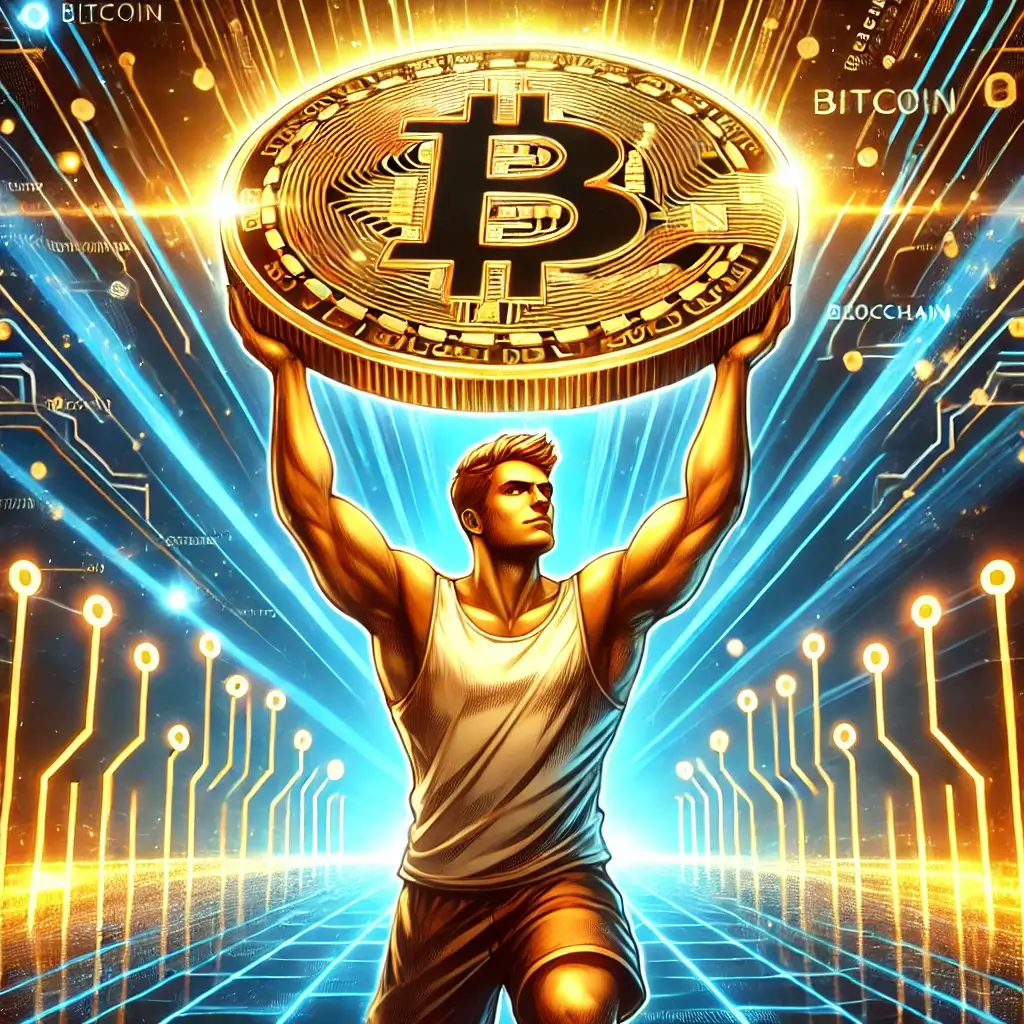 비트코인을 두 손으로 높이 들어 올리고 있는 남자의 일러스트