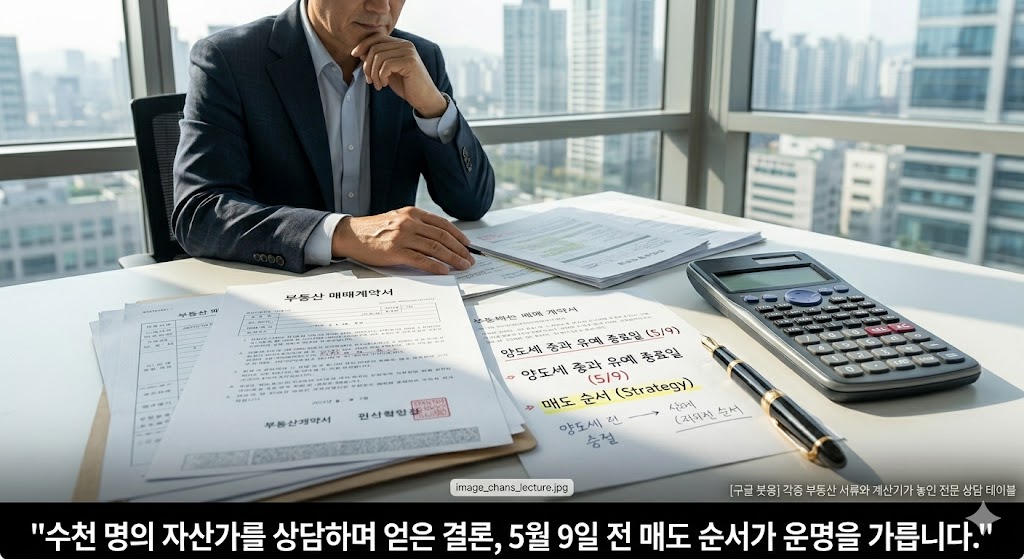 각종 부동산 매매 계약서와 계산기, 5월 9일 전 매도 전략이 적힌 상담 테이블