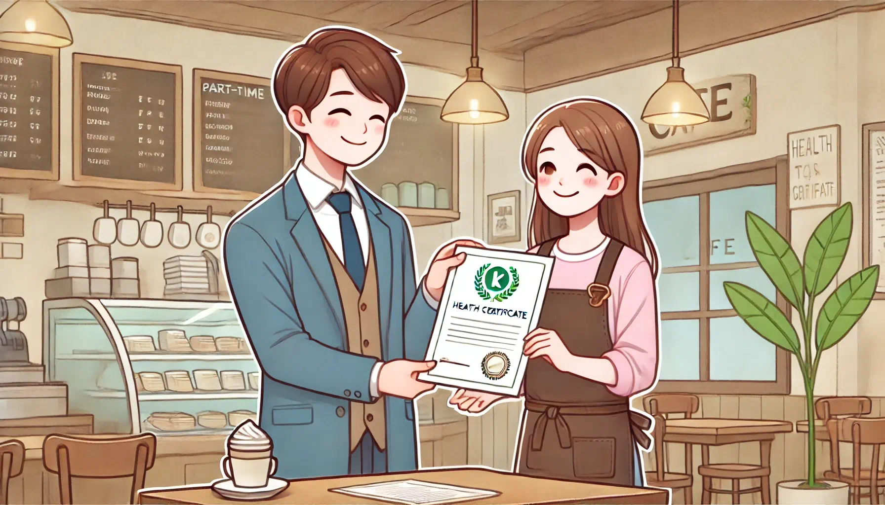 한 여성 아르바이트생이 한 남성 가게사장님께 출력한 보건증을 전달하는 모습