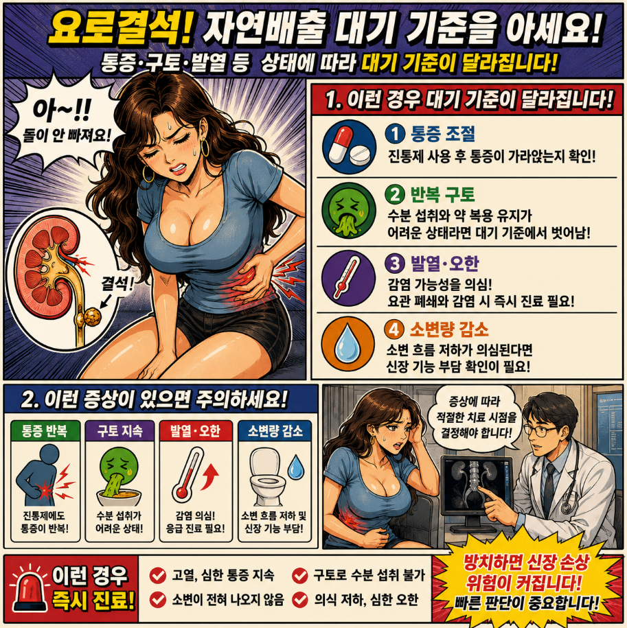 요로결석 자연배출 대기 중 통증, 구토, 발열, 소변량 감소가 진료 판단에 미치는 영향을 설명하는 옛날 만화 스타일 인포그래픽으로, 응급 진료가 필요한 신호를 환자와 의사 상담 장면으로 표현한 이미지