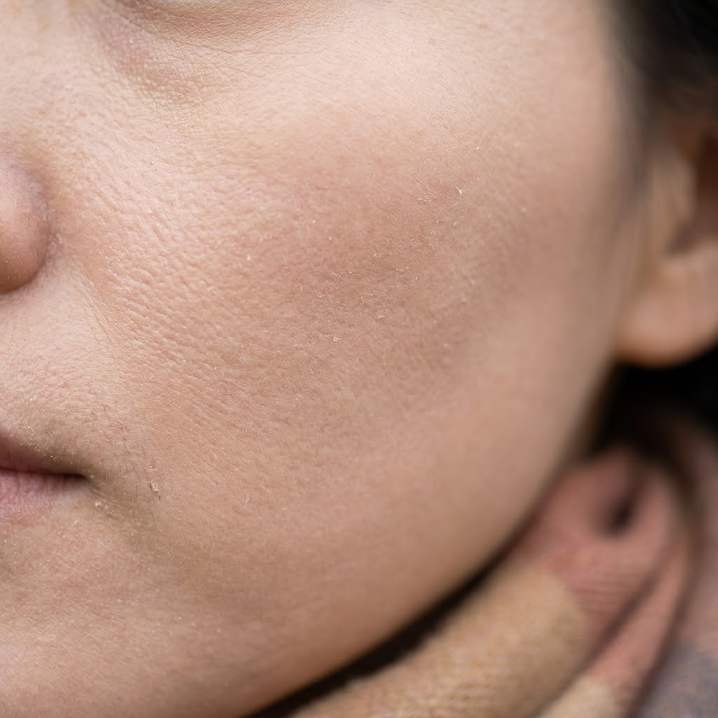 Close-up macro shot of dry skin texture on a cheek, subtle flaking and dullness, cool autumn color grading, dermatological beauty photography, soft natural lighting