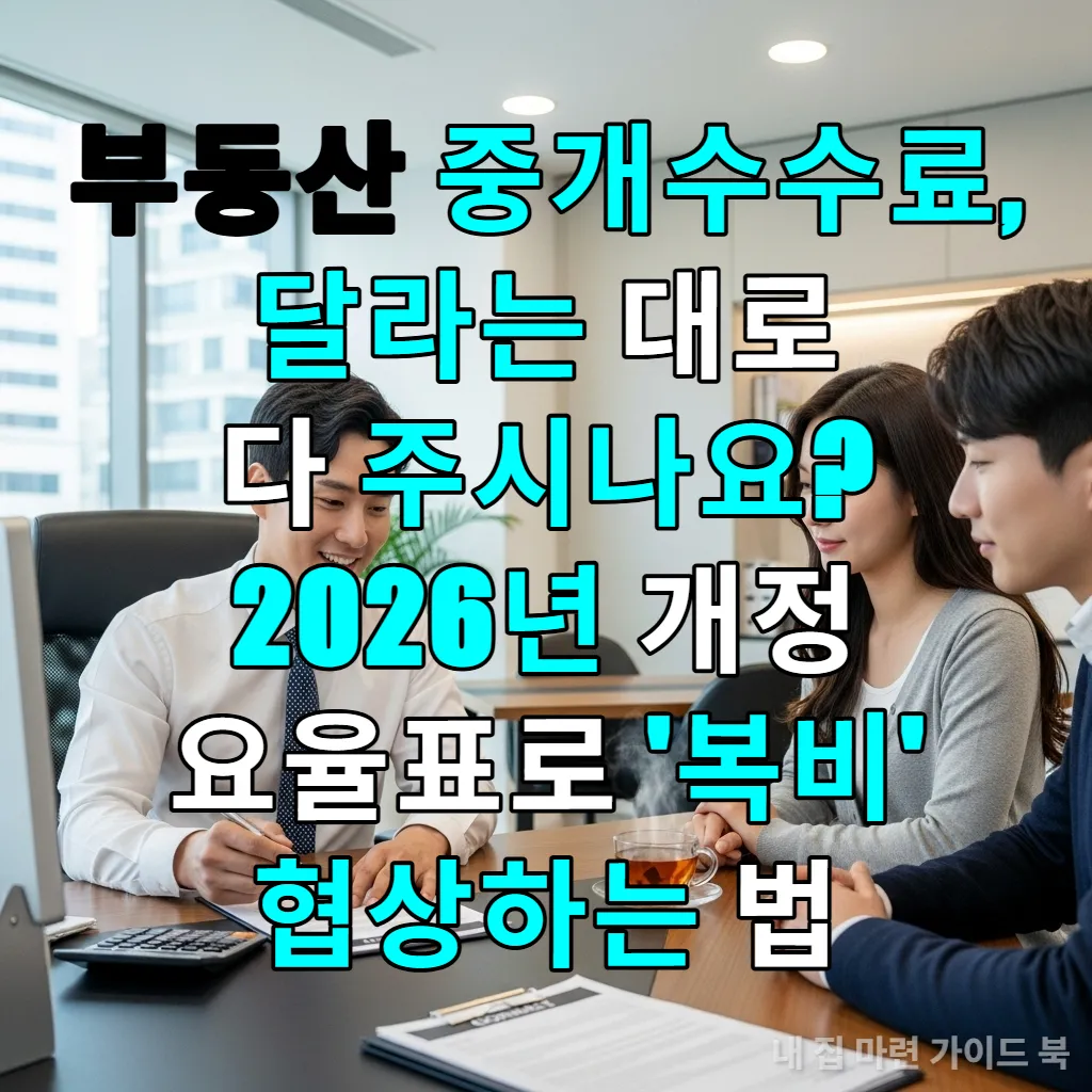 서울의 한 공인중개사 사무소에서 중개업자가 젊은 부부에게 부동산 계약 서류와 계산기를 보여주며 상담하는 모습