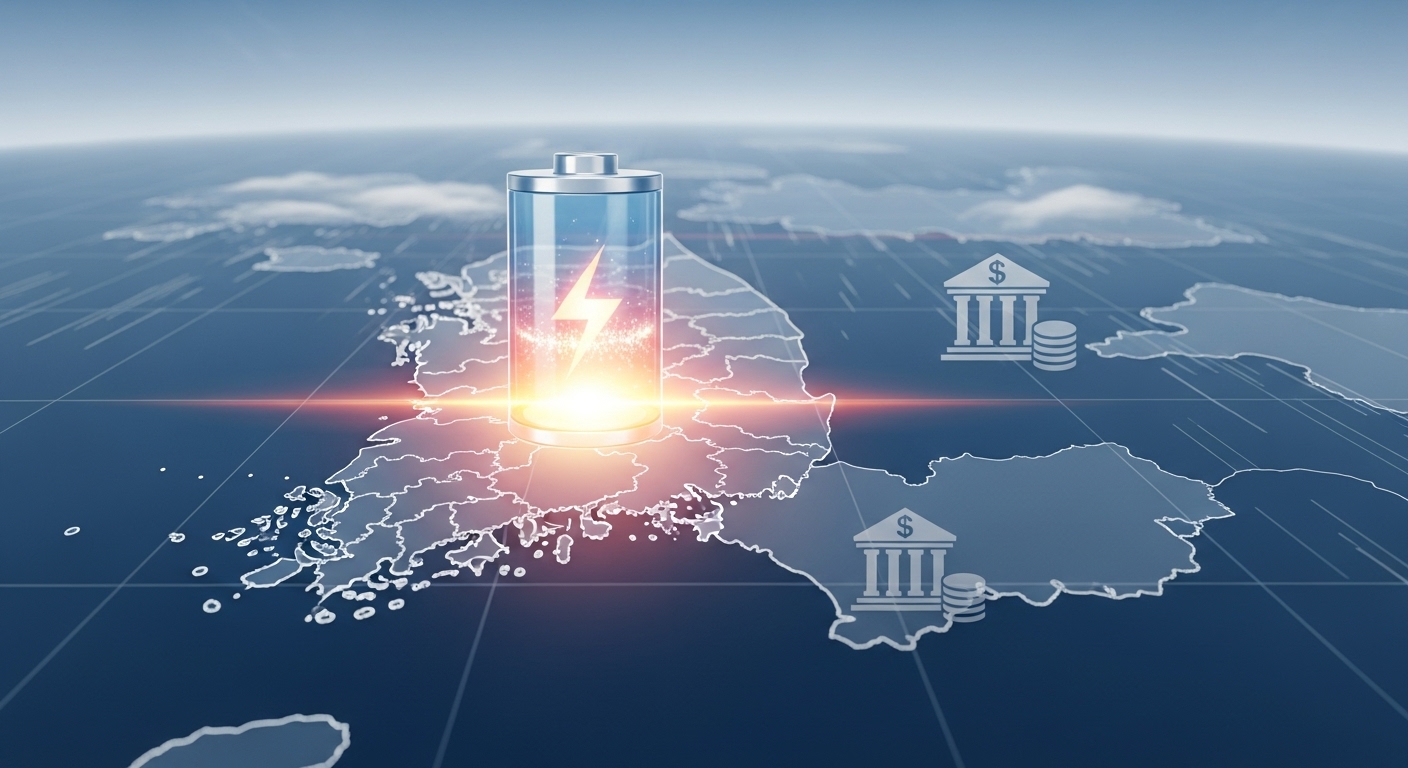Weather forecast style graphic over a map of Korea, where a battery icon (charging) is shining and a bank icon (coins piled up) is slightly dimmed.