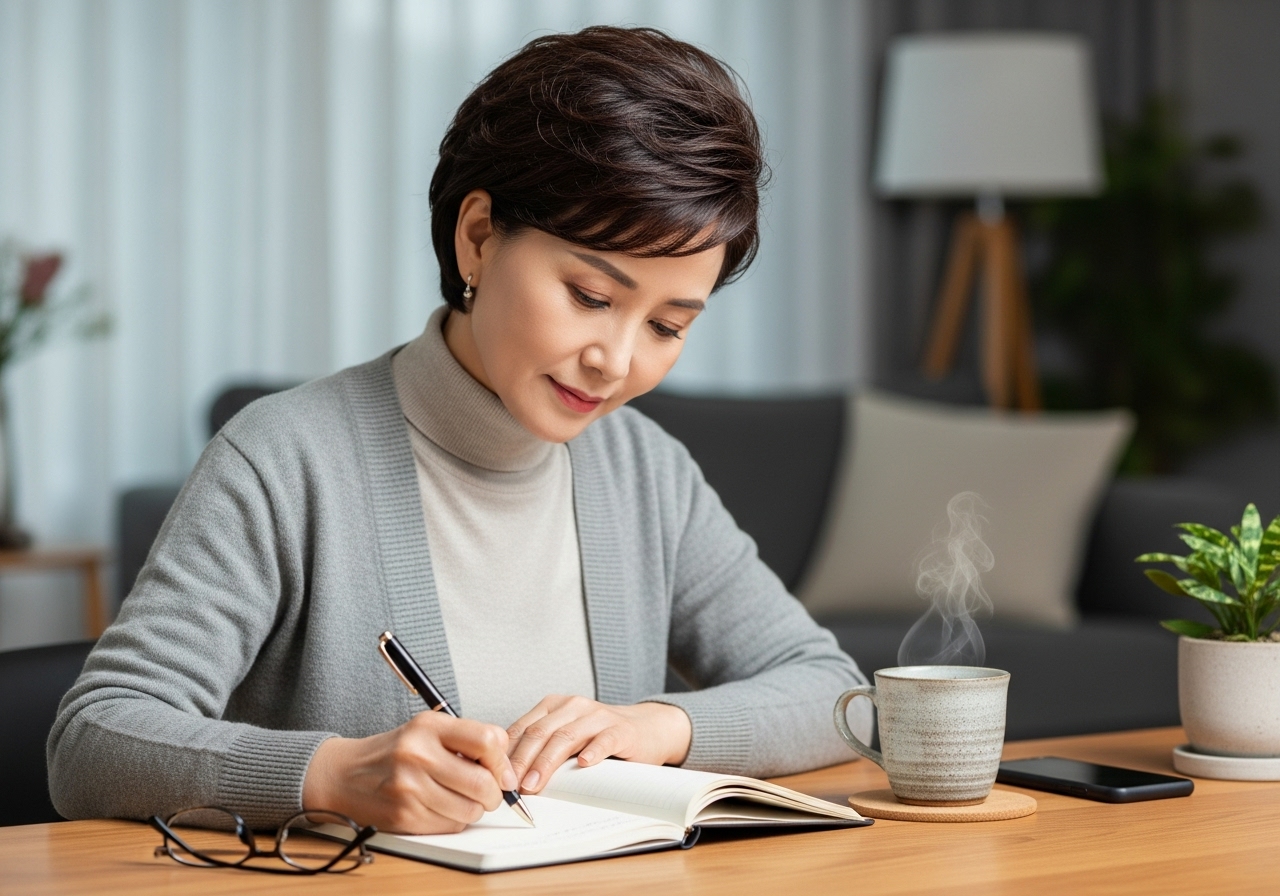 다이어리에 일정 적는 중년 여성