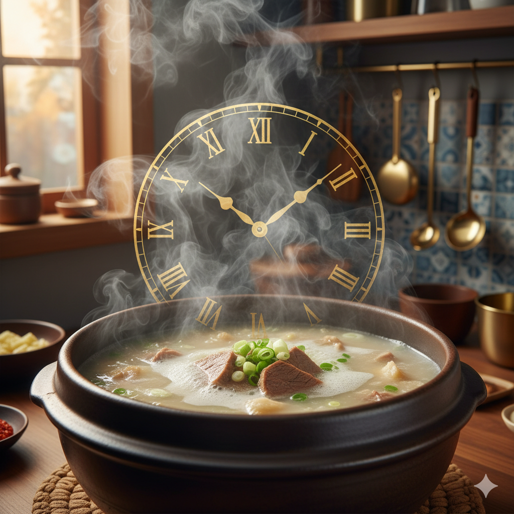 하지만 곰탕은 하루 종일 불을 때야 진하고 깊은 맛이 우러나오잖아요. 국민연금은 수십 년 동안 푹 우려내서 200조 수익이라는 깊은 맛을 낸 거예요. 이처럼 장기투자는 시간을 내 편으로 만드는 가장 강력한 마법이랍니다。
장기 투자를 곰탕을 끓이는 것에 비유하여, 오랜 시간 동안 꾸준히 인내할 때 복리 효과가 극대화되는 마법을 시각화합니다.