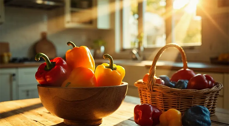 주방 탁자에 왼쪽 나무 그릇에는 파프리카가 담겨 있고, 오른쪽 라탄 바구니에는 피망이 담겨져 있는 이미지.