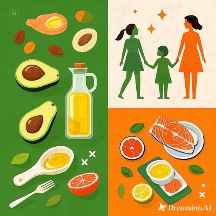 여성과 어린이의 건강을 상징하는 인포그래픽. 왼쪽에는 건강한 지방이 풍부한 음식들(아보카도, 견과류, 올리브오일, 연어)이 배치되고, 오른쪽에는 성장하는 어린이와 활기찬 여성의 실루엣이 있는 구성. 따뜻한 그린과 오렌지 톤의 건강하고 자연스러운 느낌의 디자인
