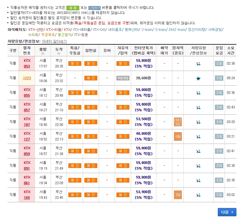 조회된 열차 시간표와 특실 일반실 등의 좌석 예약 가능 여부를 보여주는 목록