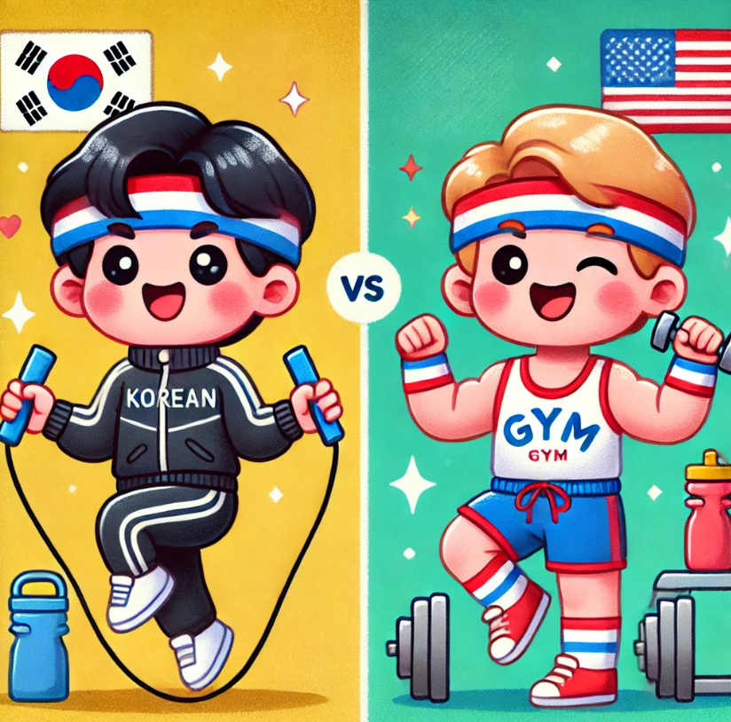 운동하는 한국사람과 미국사람 그림