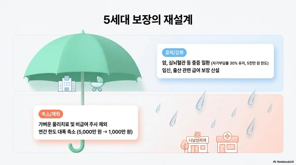 5세대 실손보험의 보장 재설계 구조를 우산 그래픽으로 설명한 인포그래픽 이미지. 우산 안쪽은 암과 심뇌혈관 등 중증 질환 보장 유지 및 임신 출산 보장 신설이고 우산 밖은 가벼운 물리치료 및 비급여 주사 제외와 연간 한도 축소를 시각적으로 전달한다 