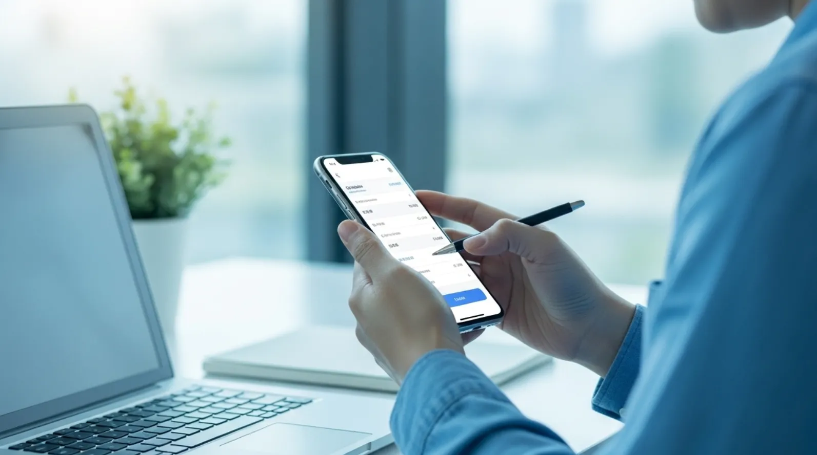 책상 앞에서 휴대폰을 바라보며 준비물을 체크하는 모습