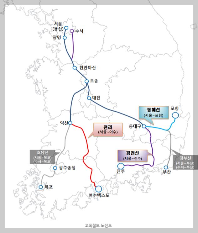 서울 용산과 수소에서 연결된 SRT 전라선, 경전선, 동해선 지도