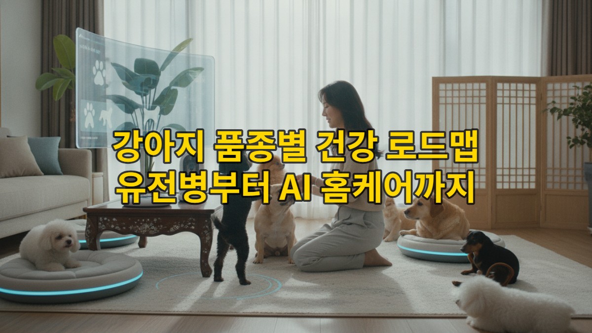 반려견이 아파서 걱정하는 젊은 여성 보호자가 강아지 머리를 쓰다듬고 있는 모습. 옆에는 강아지 구토 흔적이 있는 작은 그릇이 보인다.