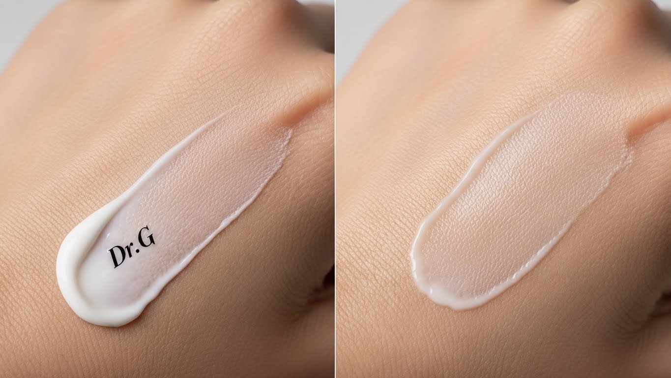 닥터 지 더모이스처 배리어 디 인텐스 크림을 손등에 대고 클로즈업 촬영한 사진입니다.