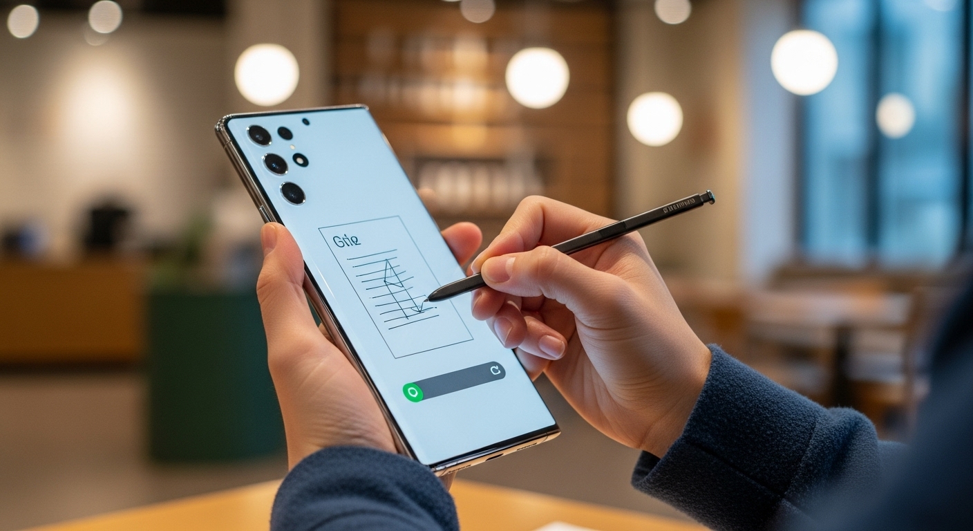 현대적인 한국 카페에서 S펜으로 갤럭시 S26 울트라 화면에 필기하는 모습, S펜의 유용성을 강조.