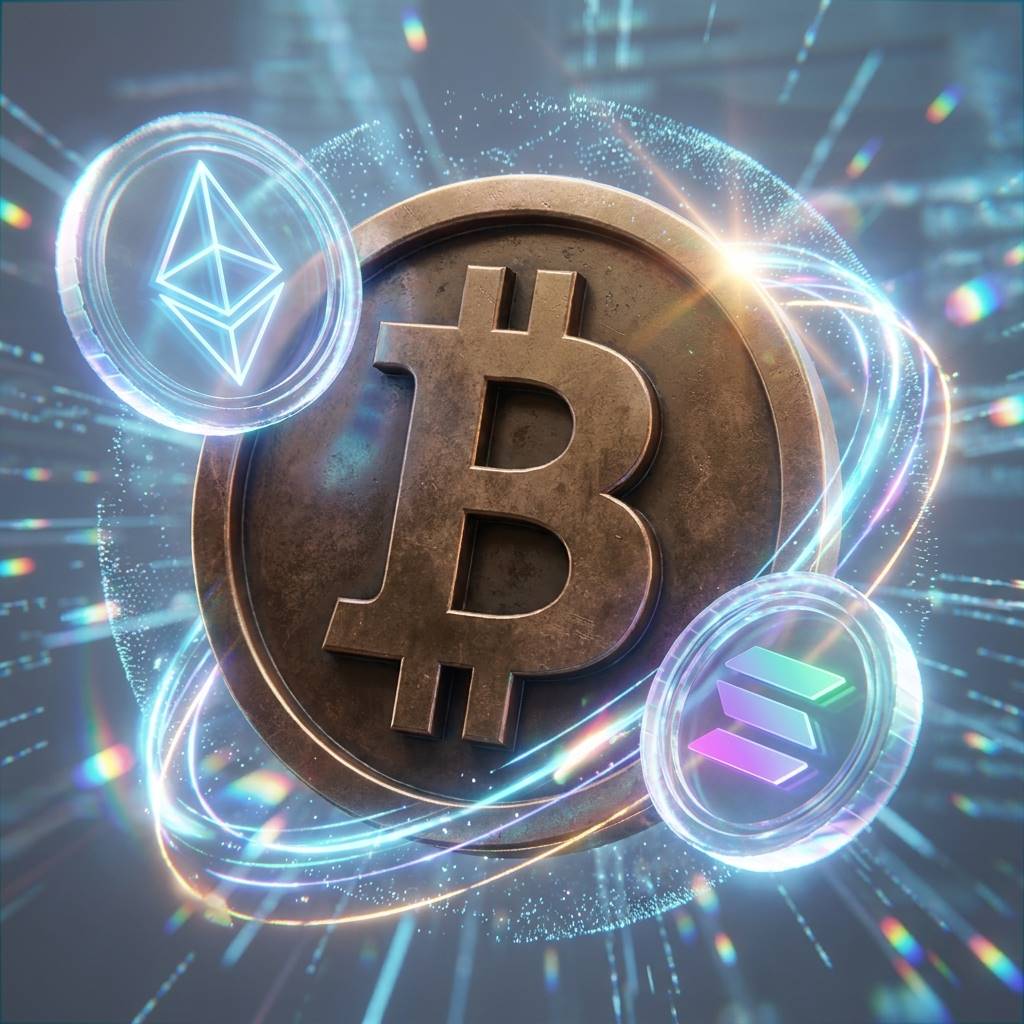 묵직한 비트코인 로고 주변으로 이더리움과 솔라나 코인이 홀로그램처럼 밝게 빛나며 회전하는 3D 그래픽