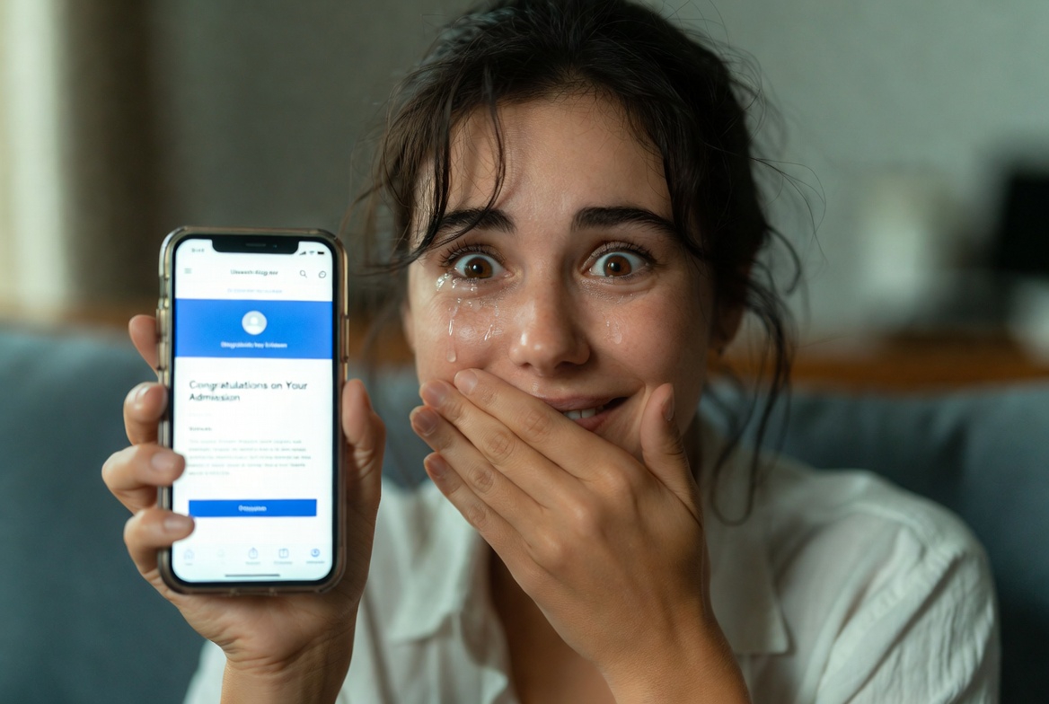 휴대폰을 쥐고 울면서 기뻐하는 여성의 모습 ai 이미지