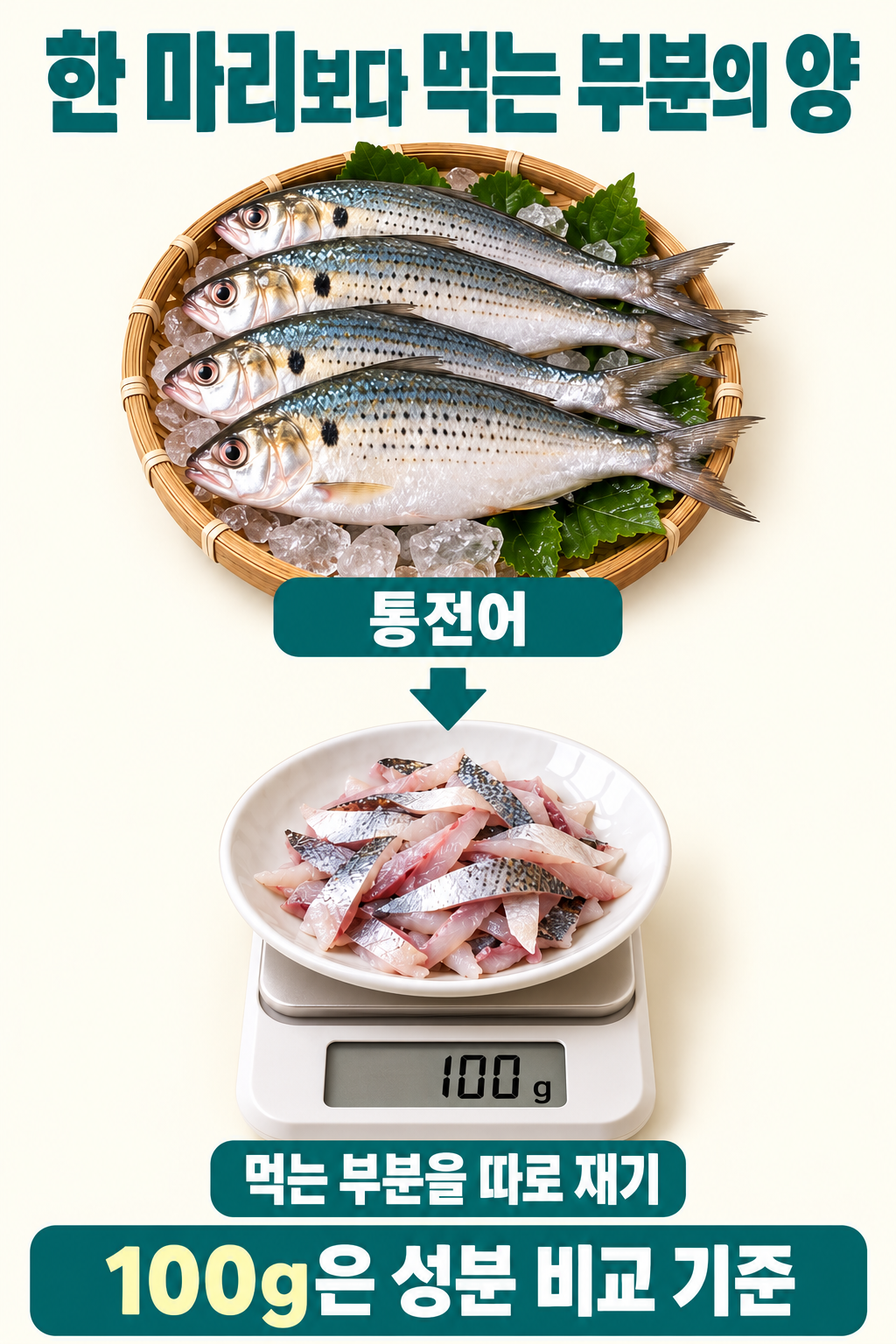 통전어와 실제 먹는 부분을 덜어 주방저울로 재는 모습을 비교. 100g은 성분 비교 기준이며 마릿수로 고정하지 않습니다.
