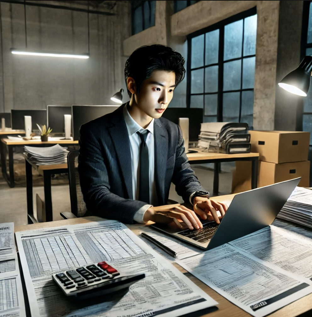 밤늦게 세금 서류를 처리하는 회계사