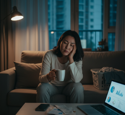 피곤해 보이는 40대 직장인 또는 주부의 모습