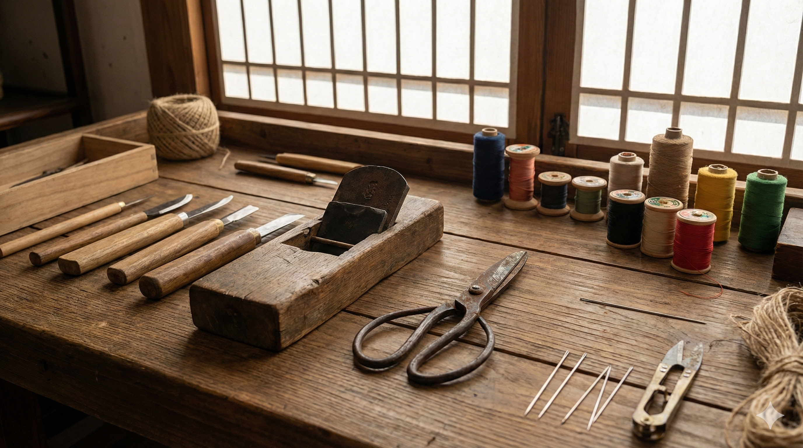 전통 공예 작업대 위에 칼과 대패, 바느질 도구가 놓인 한국 전통 연장 모습