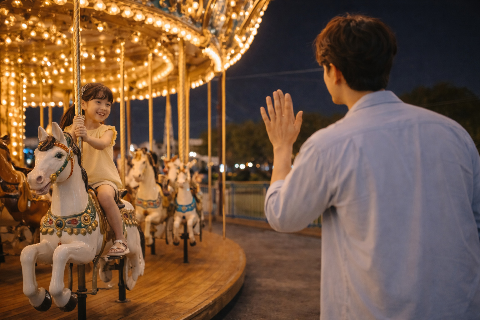 밤에 불이 켜진 회전목마를 타는 7살 소녀를 바라보며 뒤에서 손을 흔드는 아빠의 다정한 모습