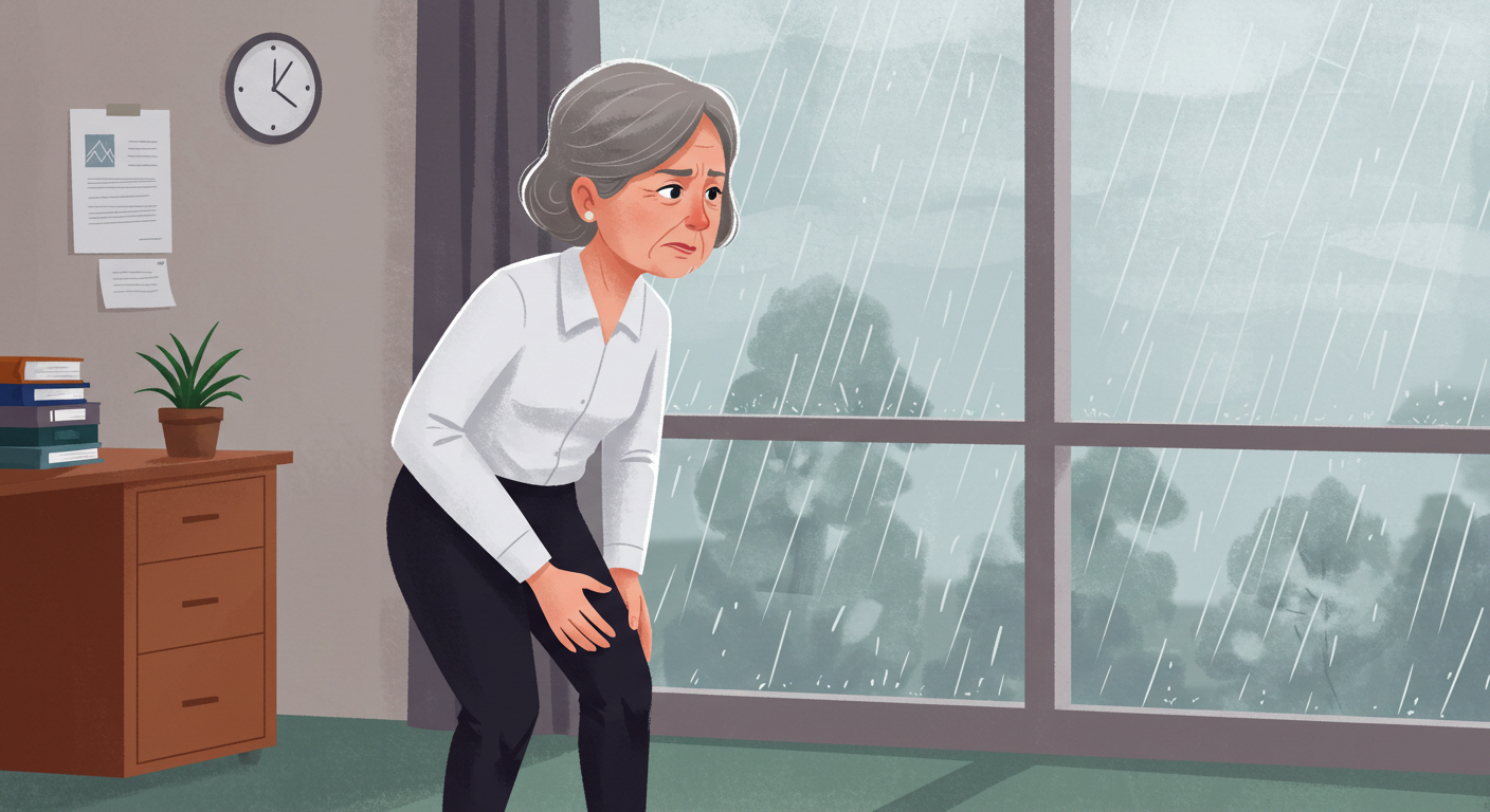 창 밖을 보며 무릎을 만지는 중년 여성