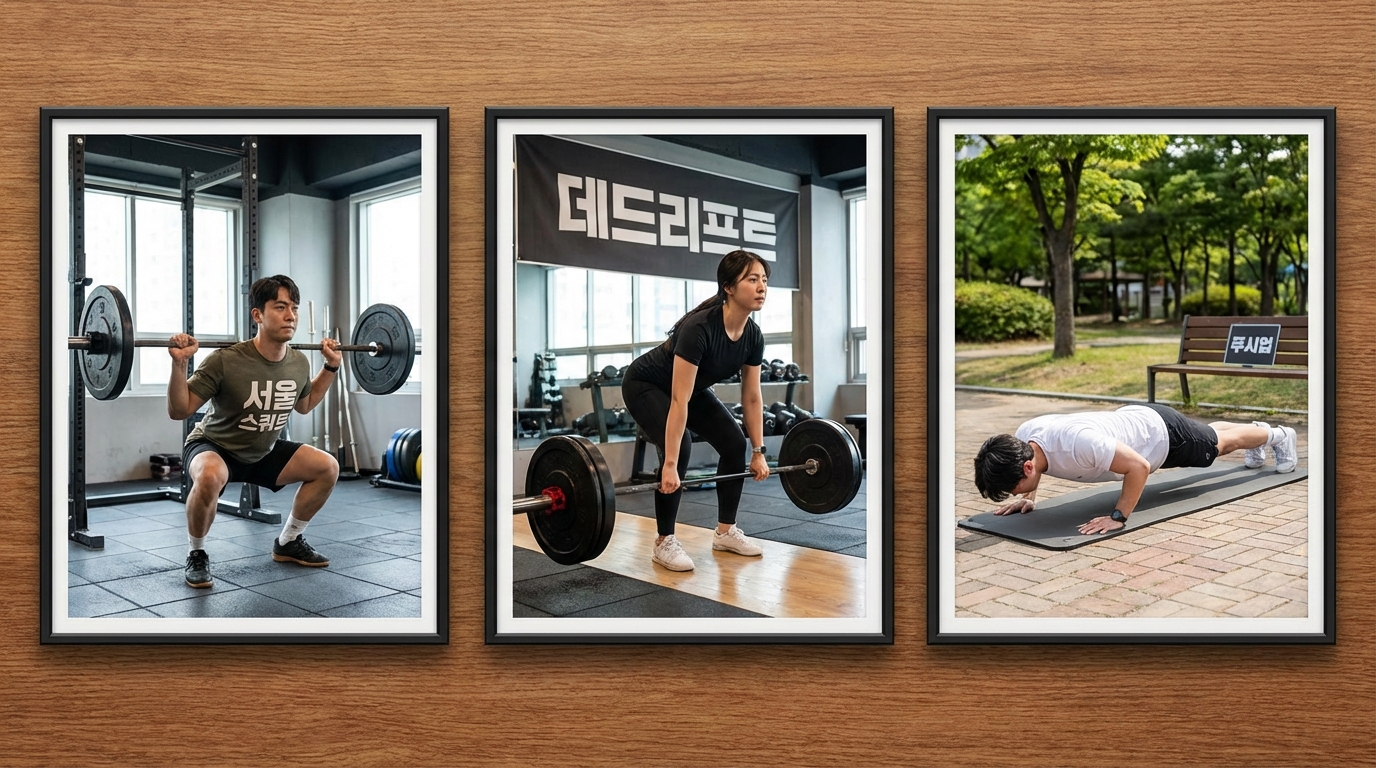 기초대사량 증가를 위한 3대 핵심 운동인 스쿼트, 데드리프트, 푸쉬업 동작 모음