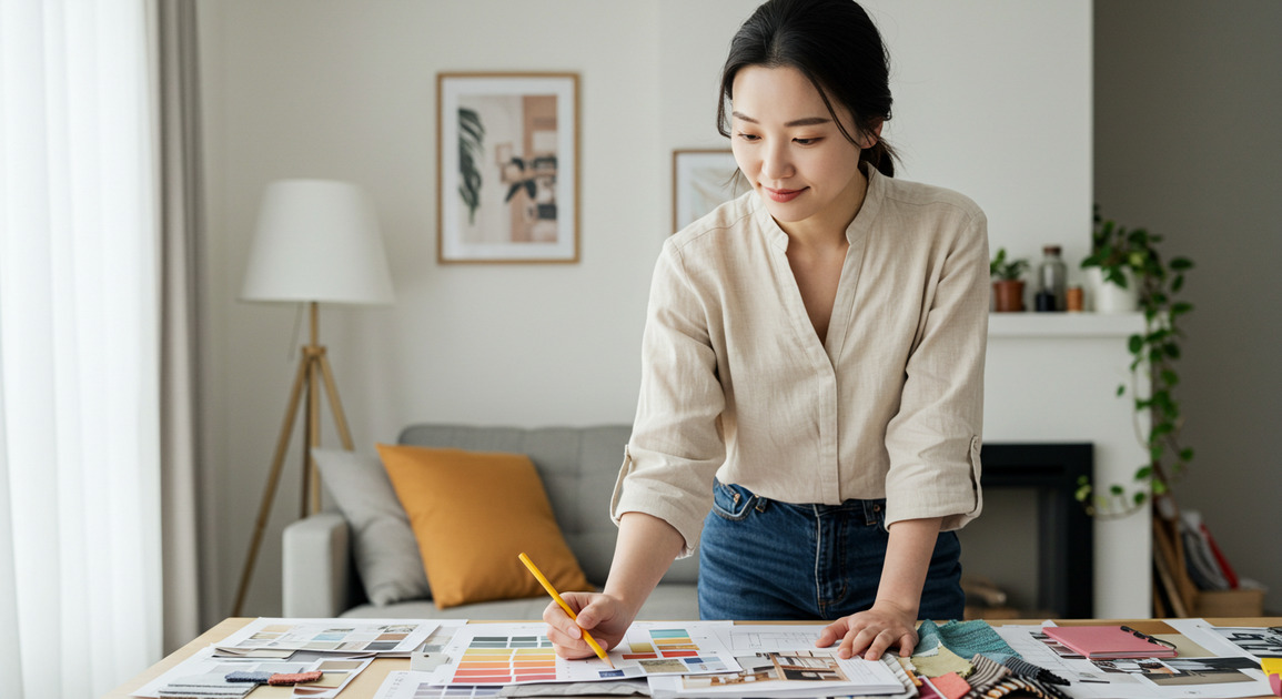 무타공 인테리어 도면 그리는 여성 이미지