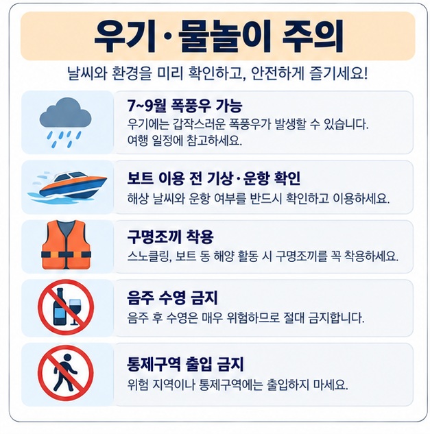 우기 폭풍우 보트 투어 구명조끼 음주 수영 금지 통제구역 등 푸꾸옥 물놀이 안전수칙 이미지