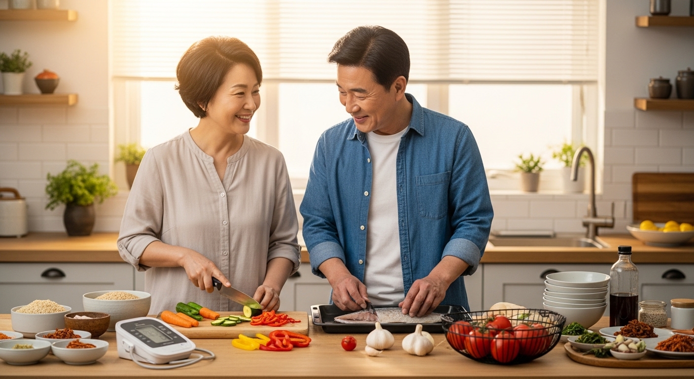 50대 부부가 주방에서 신선한 채소와 생선으로 건강한 요리를 준비하는 모습