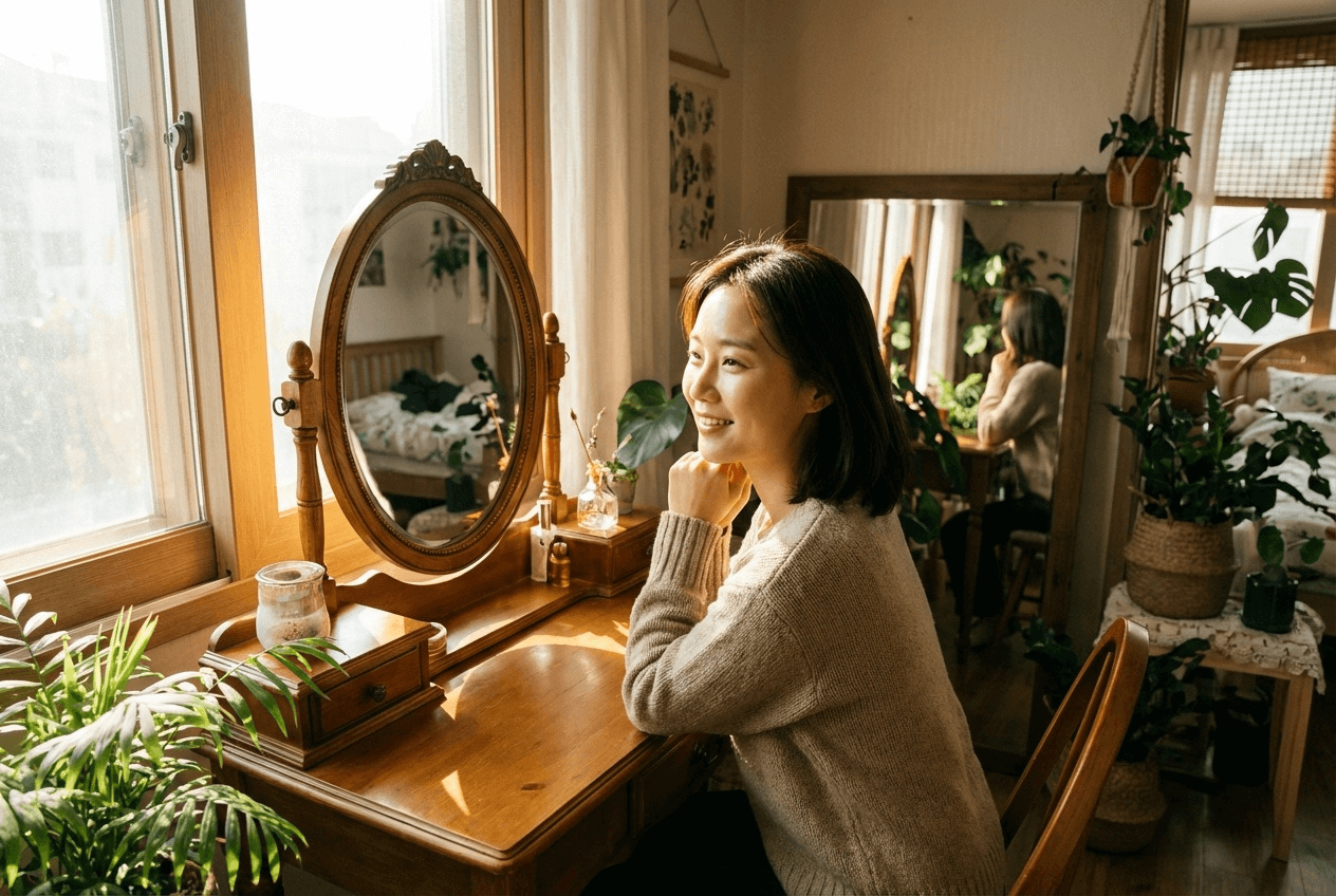 따뜻한 햇살이 들어오는 방에서 나무 화장대 앞에 앉아 미소 짓는 여성, 여유로운 홈 뷰티 루틴을 즐기는 모습