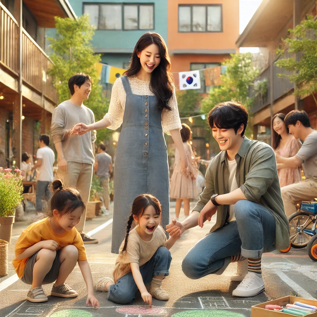 마을 광장에서 이웃들과 함께 딸의 놀이를 지켜보는 부모, 바닥에 분필로 그림을 그리고 있는 딸과 이를 격려하는 어머니, 이웃과 대화하며 친밀한 분위기를 만드는 아버지, 따뜻한 공동체의 사랑과 협력을 담은 활기찬 장면.