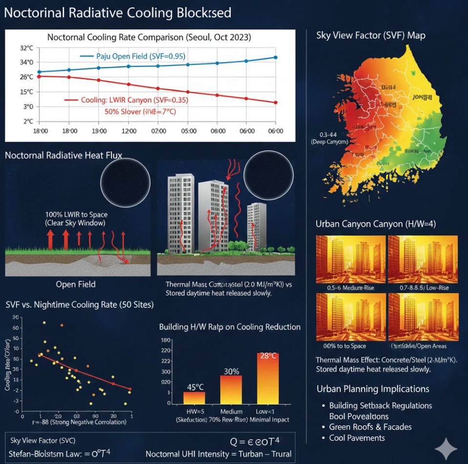 도심 복사냉각 차단 효과, 고층 건물 밀집 지역 야간 기온 하강 속도 분석