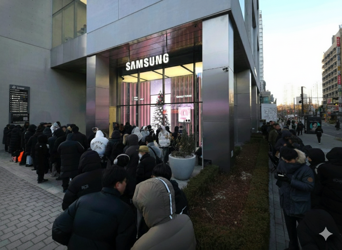 두 번 접히는 갤럭시 Z 트라이폴드가 펼쳐진 모습과 매장 앞 오픈런 대기 줄을 강조한 한국어 뉴스형 썸네일 이미지