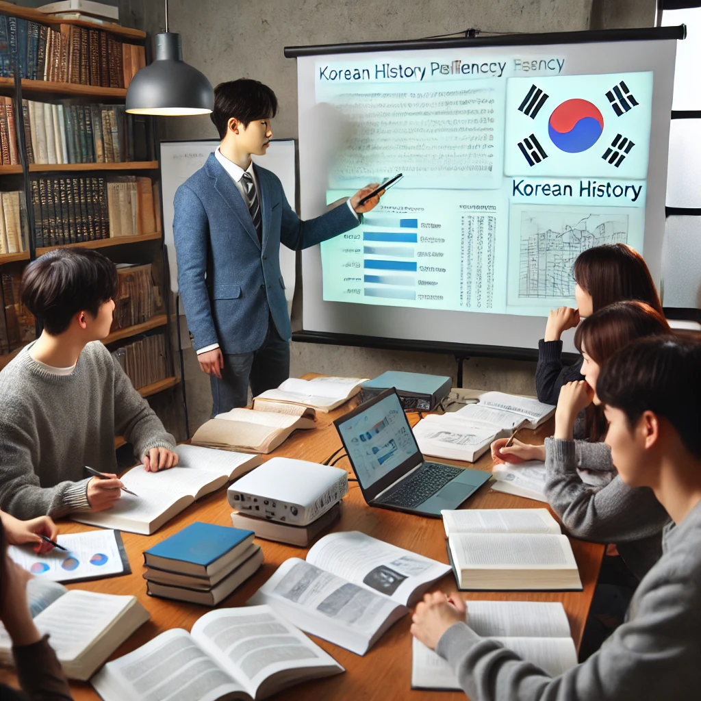 스터디룸에서 교재와 프로젝터를 활용해 한국사 능력 검정시험 자료를 검토하는 학생들. 한 학생은 발표를 진행하며 다른 학생들은 필기를 하고 있음