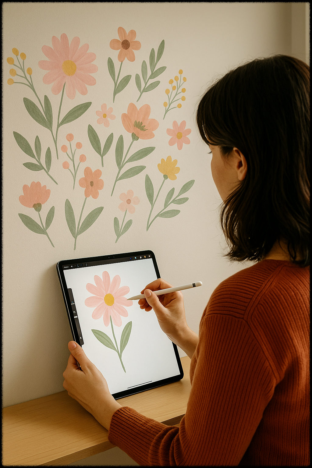 아이패드로 플라워 일러스트를 그리고 있는 모습