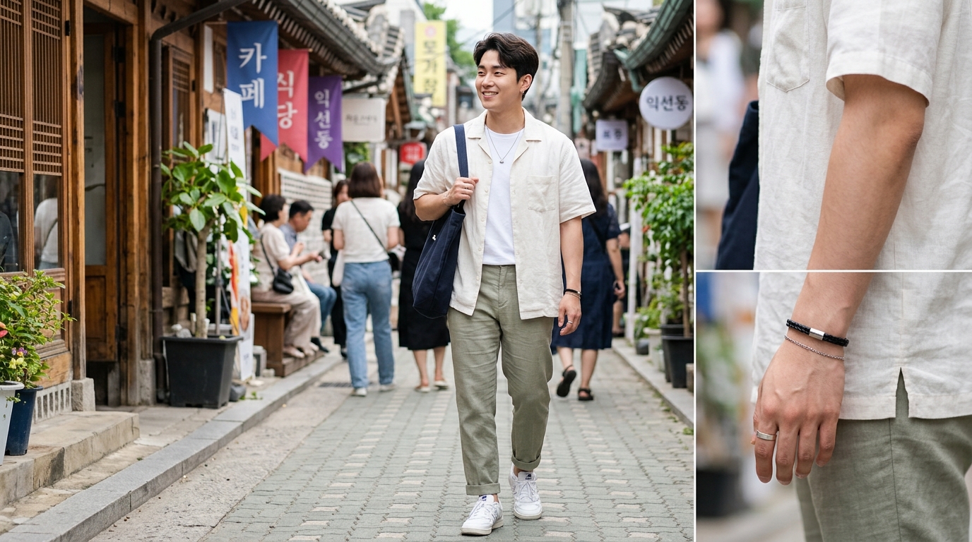 은은한 실버 가죽 팔찌와 체인 액세서리로 포인트를 준 남성 캐주얼 코디