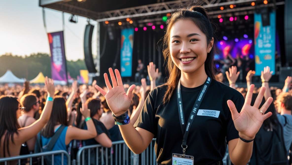 유명 락 페스티벌 현장, 스태프 목걸이를 건 채 무대 앞에서 관객들을 안내하며 웃고 있는 스태프의 모습