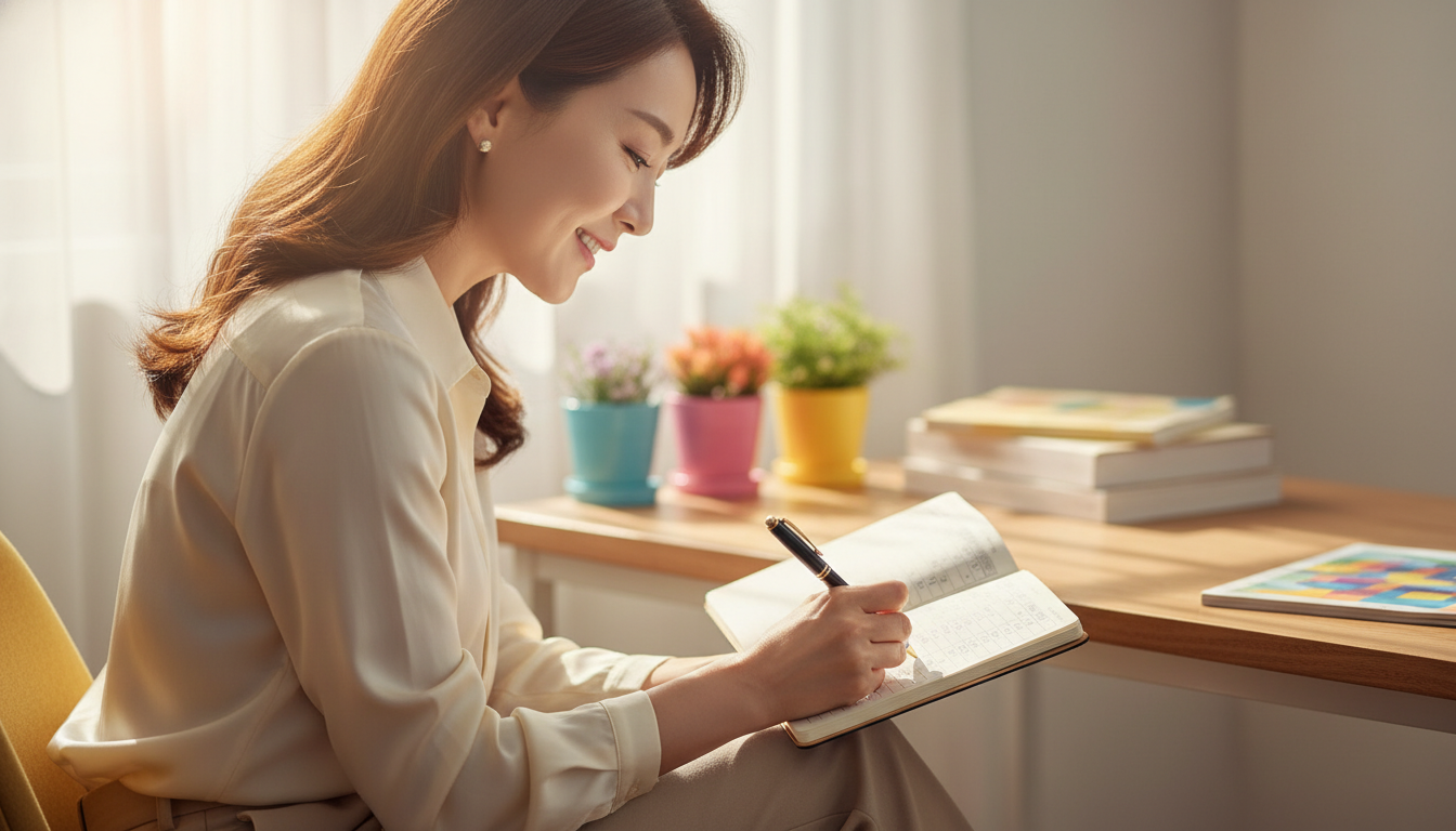 수첩에 꼼꼼하게 숫자를 적고 있는 중년 한국 여성의 어깨 너머 구도(Over-the-shoulder), 펜을 쥔 손, 부드러운 아침 채광, 에디토리얼 사진 스타일.