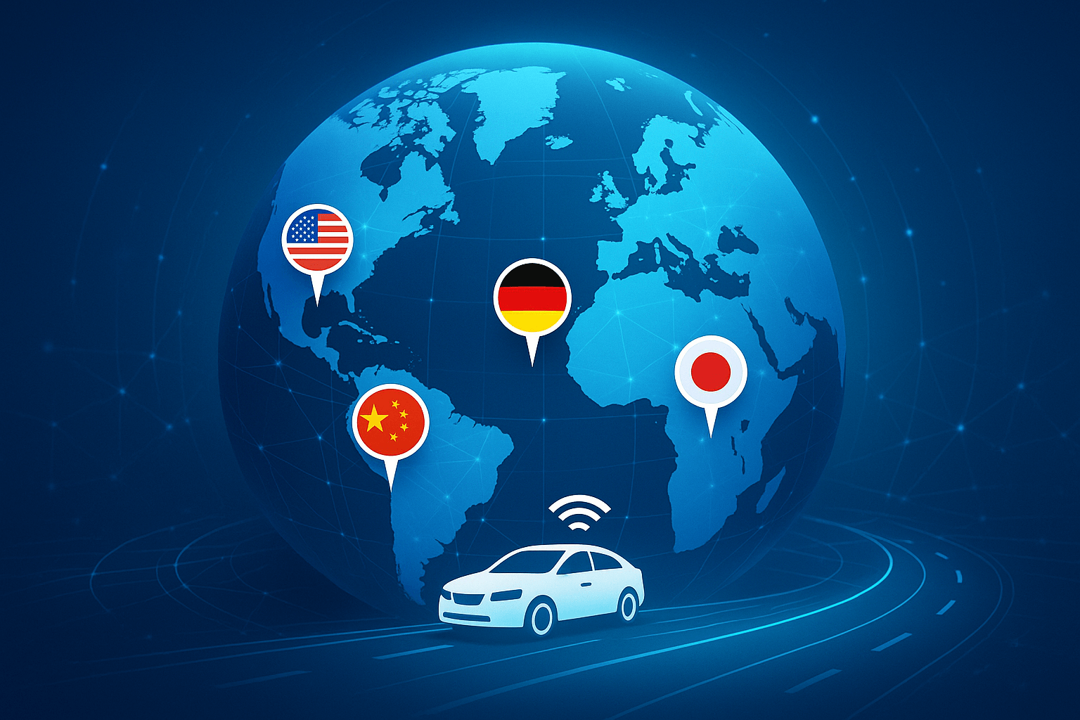 지구와 자율주행차, 세계 대표로 미국, 독일,중국,일본,한국을 표현 - 블로그에 국가별 주요사례를 비교하는 글을 설명