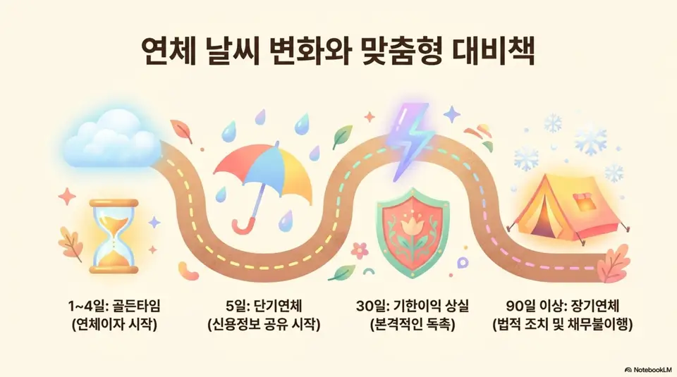 대출 연체 기간별 불이익을 날씨 변화로 표현한 타임라인 일러스트. 1일에서 4일까지의 골든타임과 5일 단기연체 그리고 30일 기한이익 상실과 90일 이상 장기연체까지 단계별 흐름을 시각적으로 전달하며, 대출 연체 단계별 대응 방법과 관련된 내용을 설명함