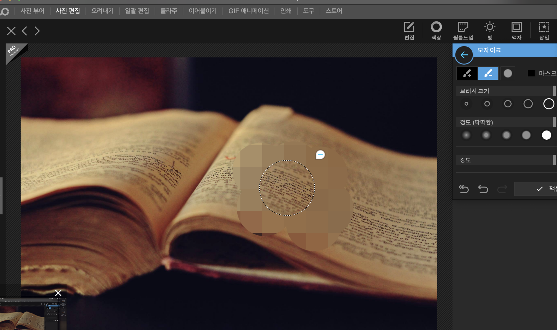 빼기 아이콘을 클릭 후 모자이크 한 특정 부분을 지운 상태입니다.